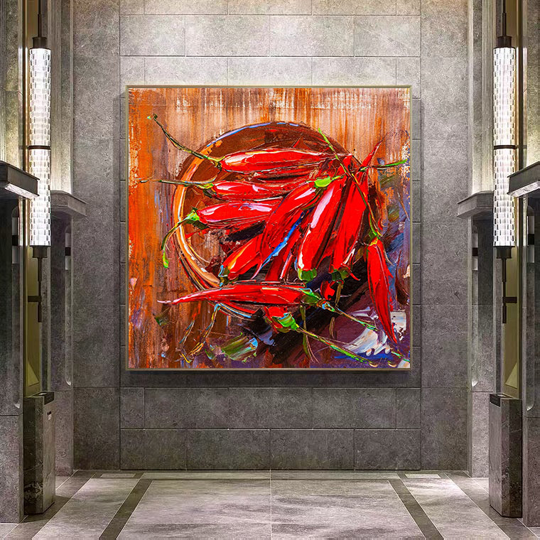 a painting on a wall of red peppers