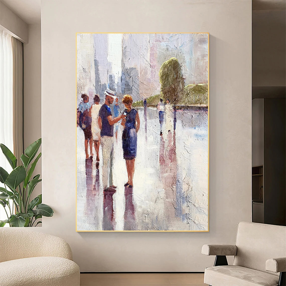 a painting of a group of people walking down a street