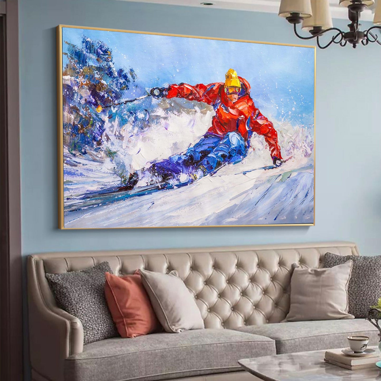 a painting of a snowboarder on a blue wall