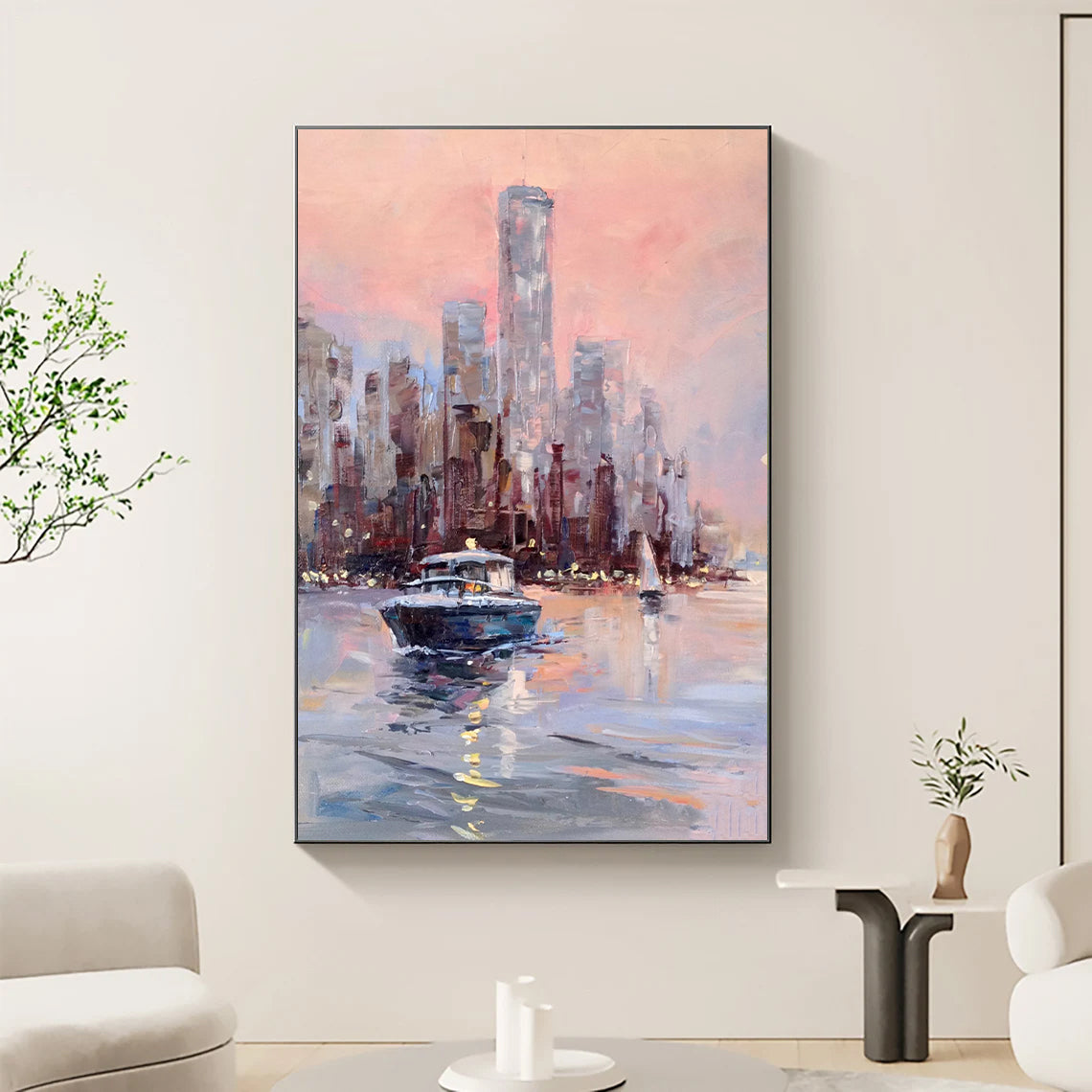 a painting of a boat in a harbor with a city skyline in the background