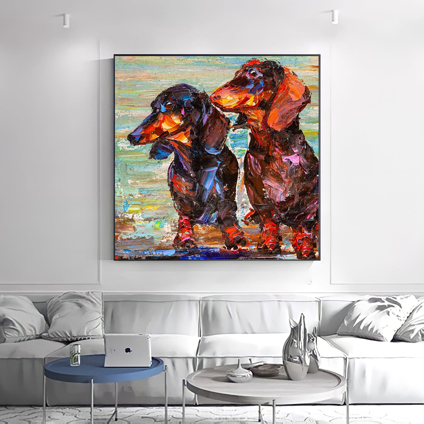 a painting of two dogs sitting on a couch