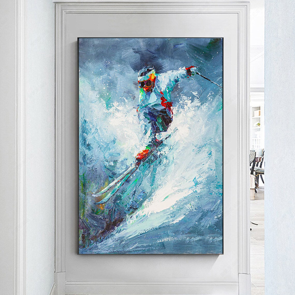 a painting of a person on skis in a room