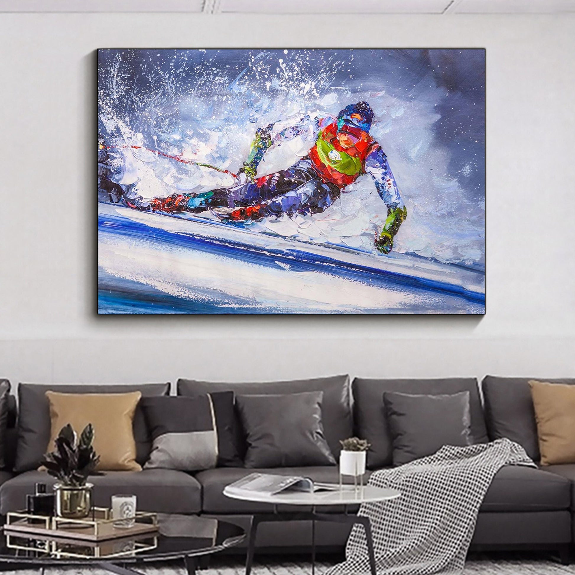 a painting of a man skiing down a hill