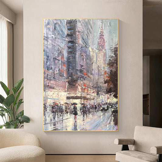 a painting of a cityscape with people walking in the rain