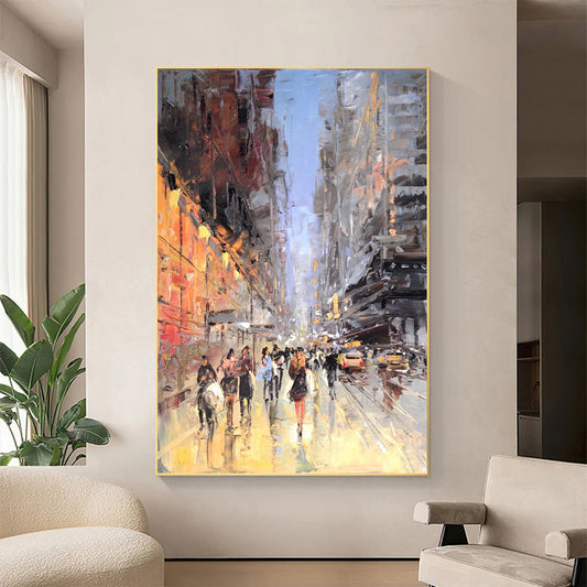 a painting of people walking down a city street