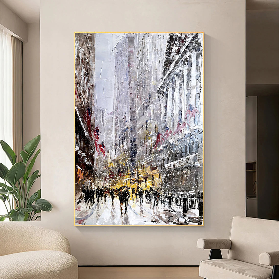 a painting of a city street in the rain