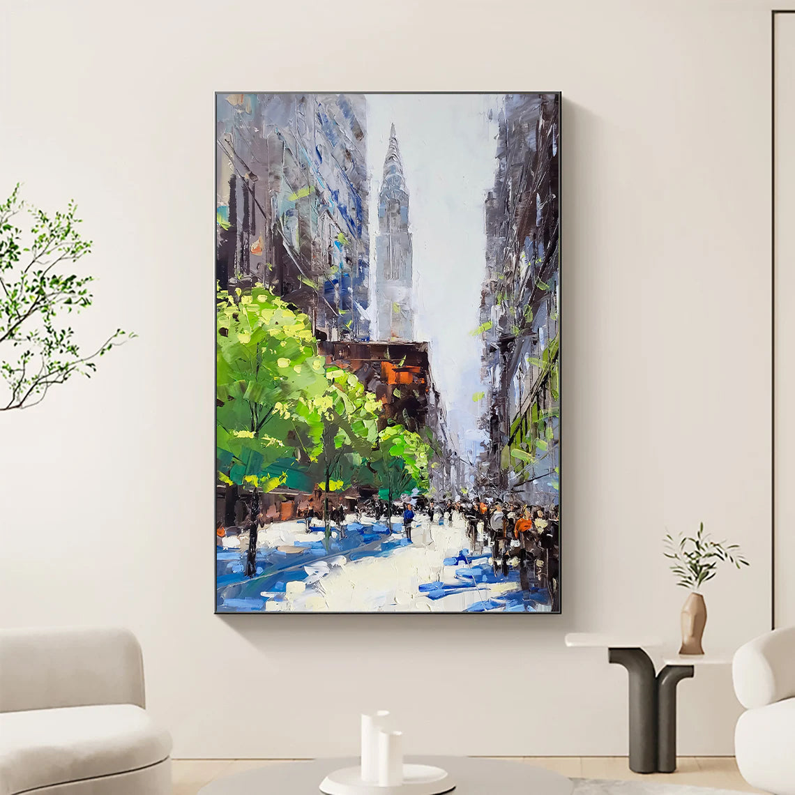 a painting of a city street with people walking