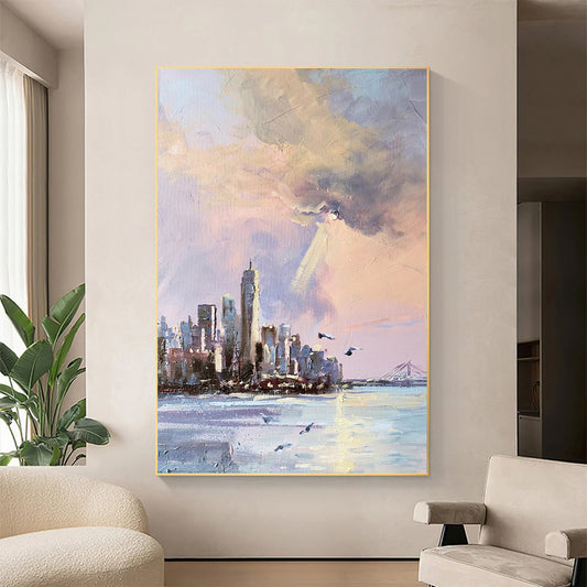 a painting of a cityscape in a living room