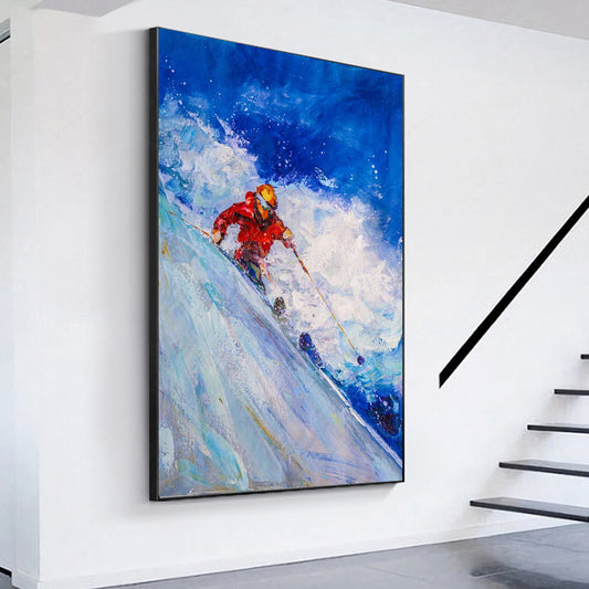 a painting of a skier going down a snowy hill