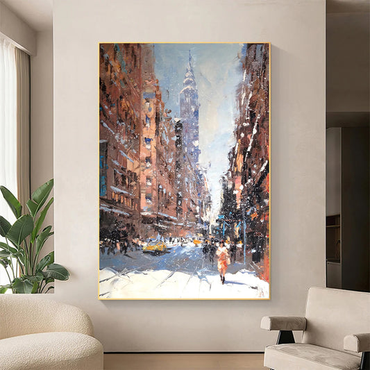 a painting of a city street in winter