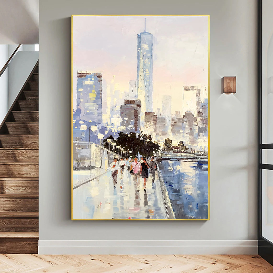 a painting of people walking down a city street