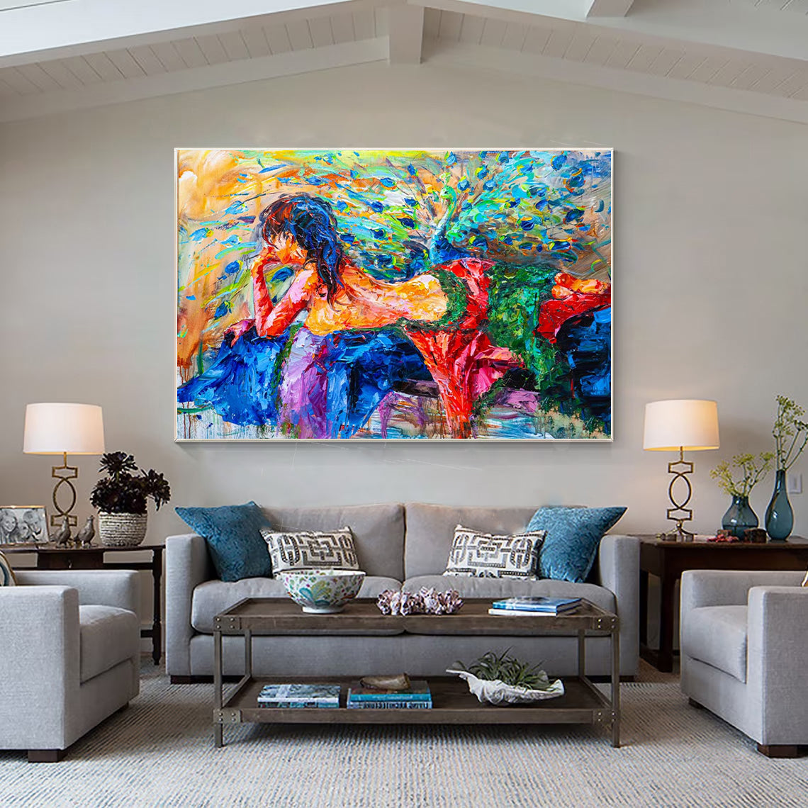 a living room filled with furniture and a painting on the wall