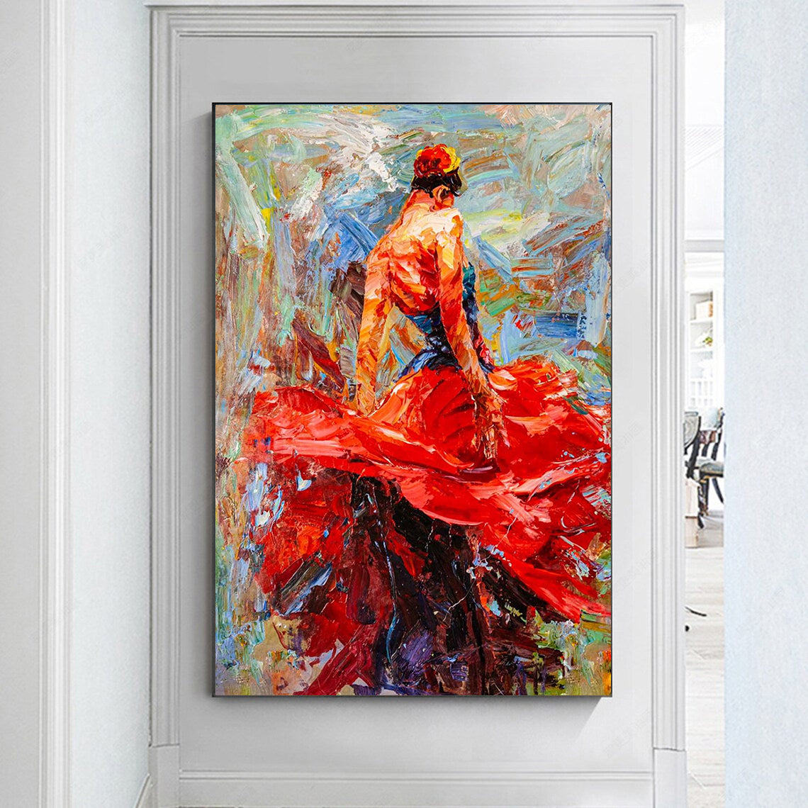 a painting of a woman in a red dress