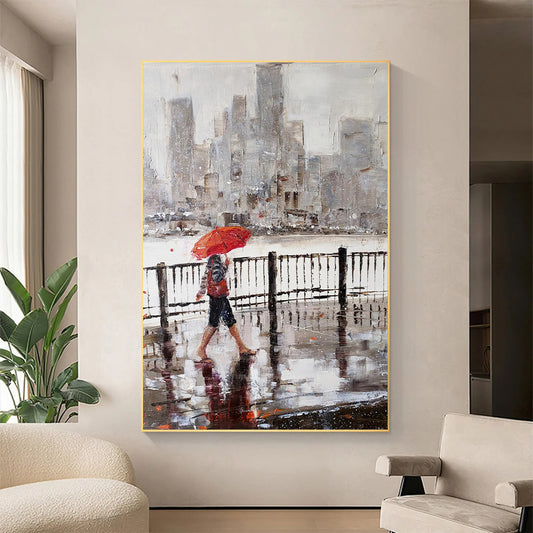 a painting of a person walking in the rain with an umbrella