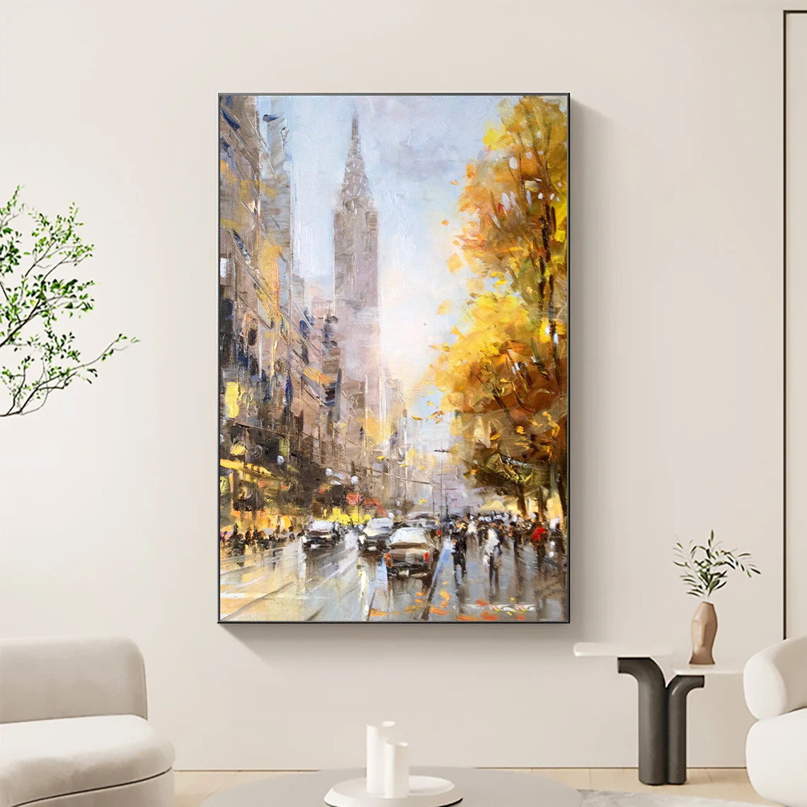 a painting of a city street with people walking on it