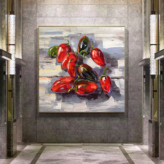 a painting of peppers on a wall in a room