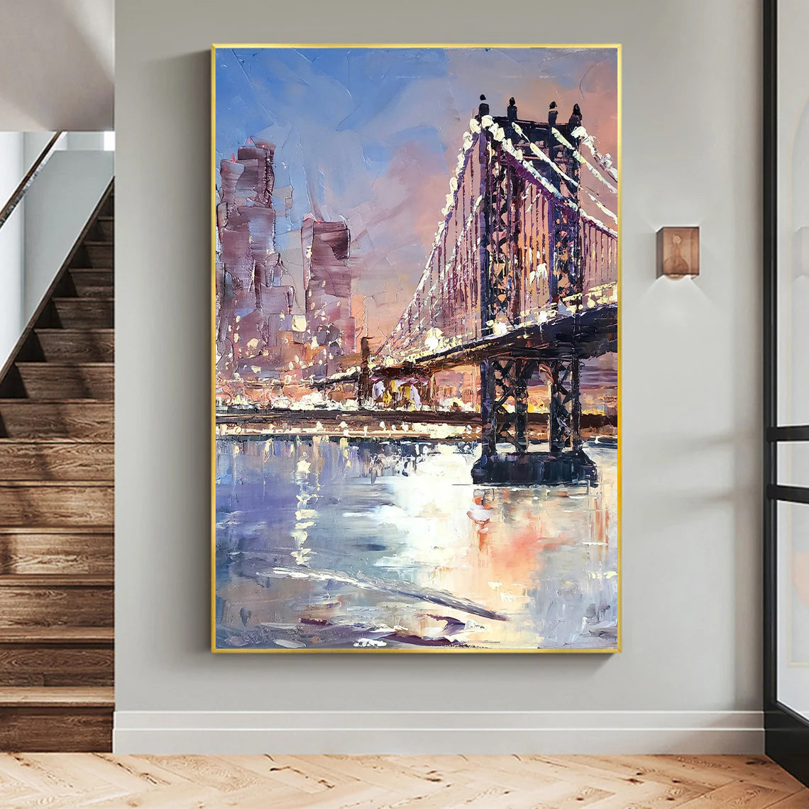 a painting of a bridge over a body of water