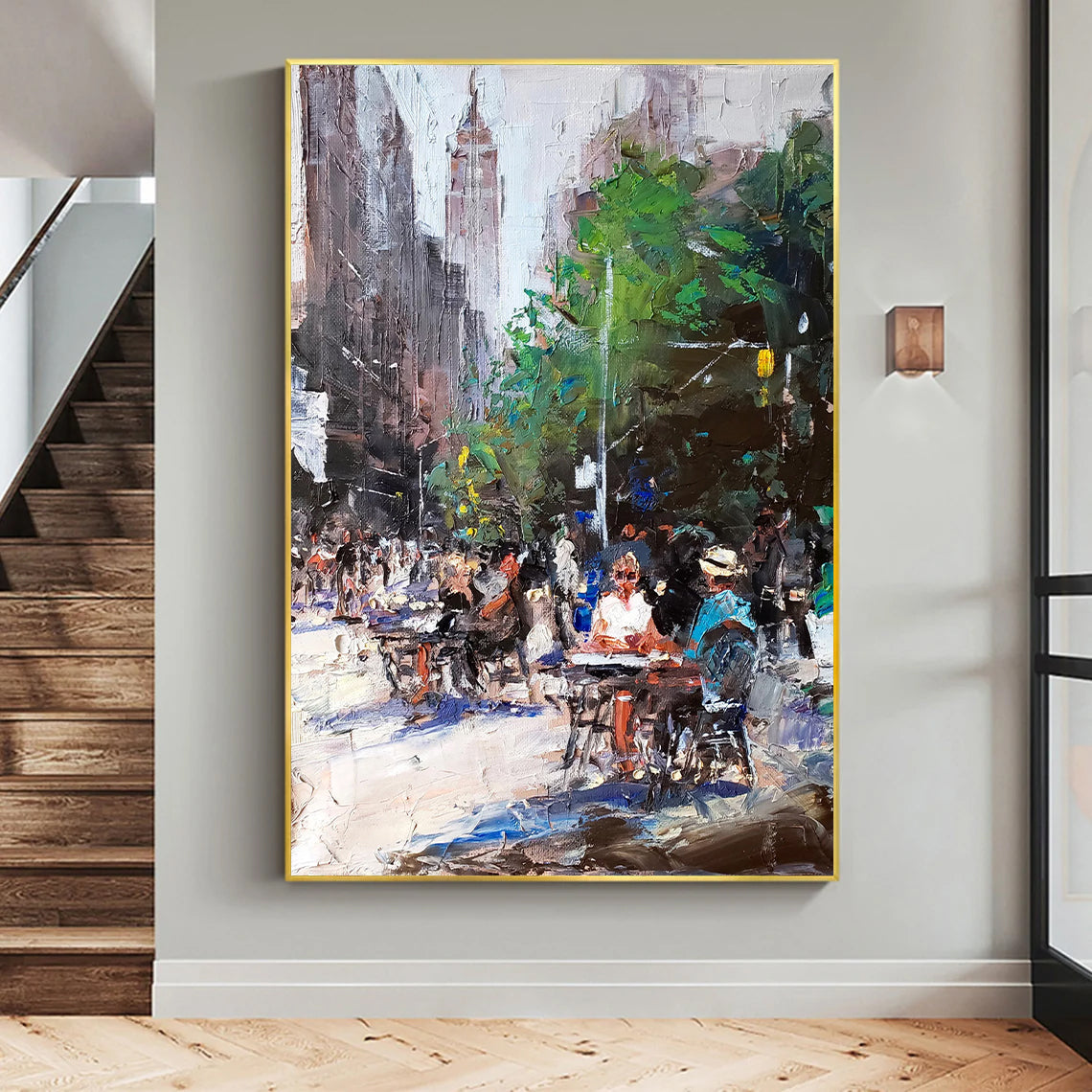 a painting of people sitting at a table on a city street