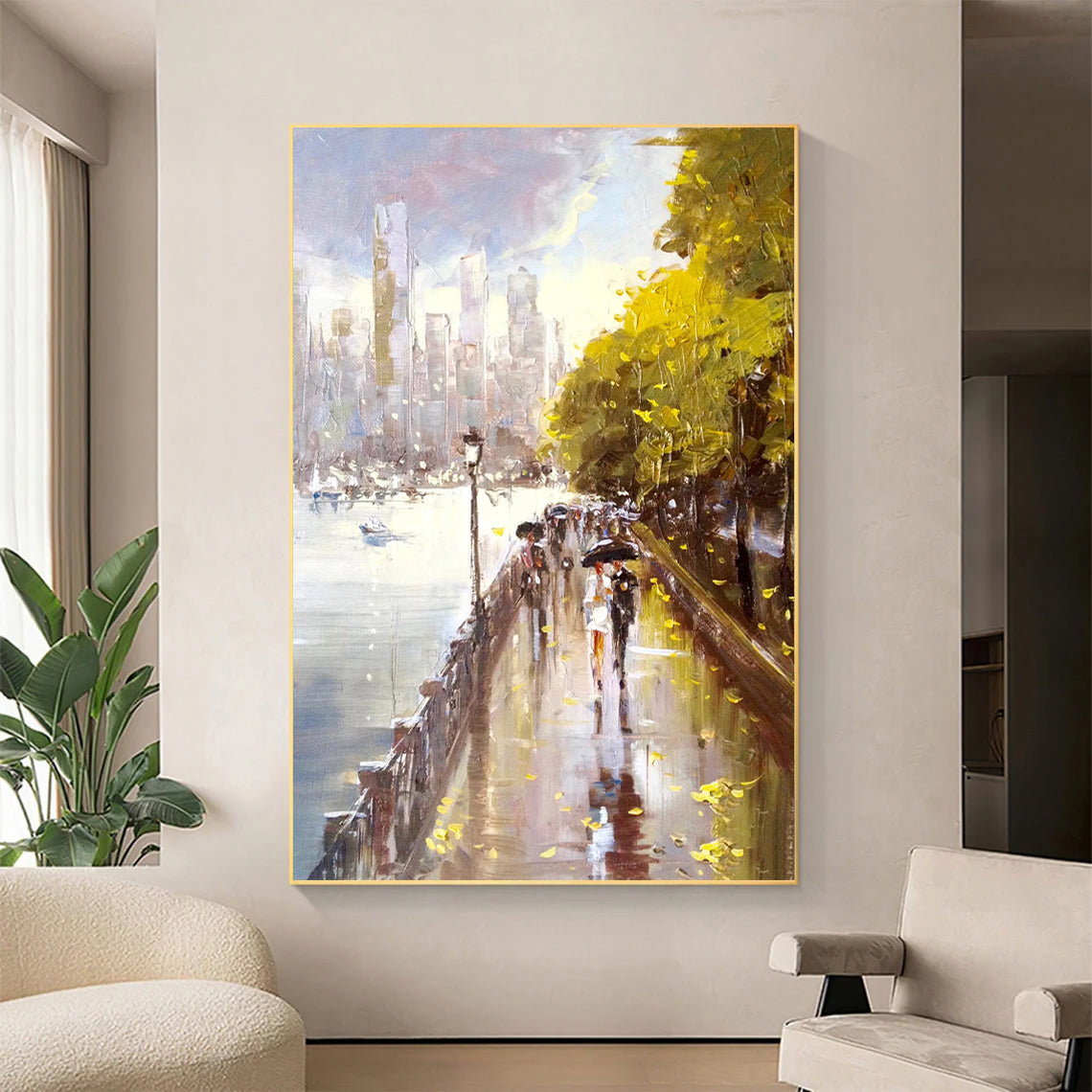 a painting of people walking in the rain