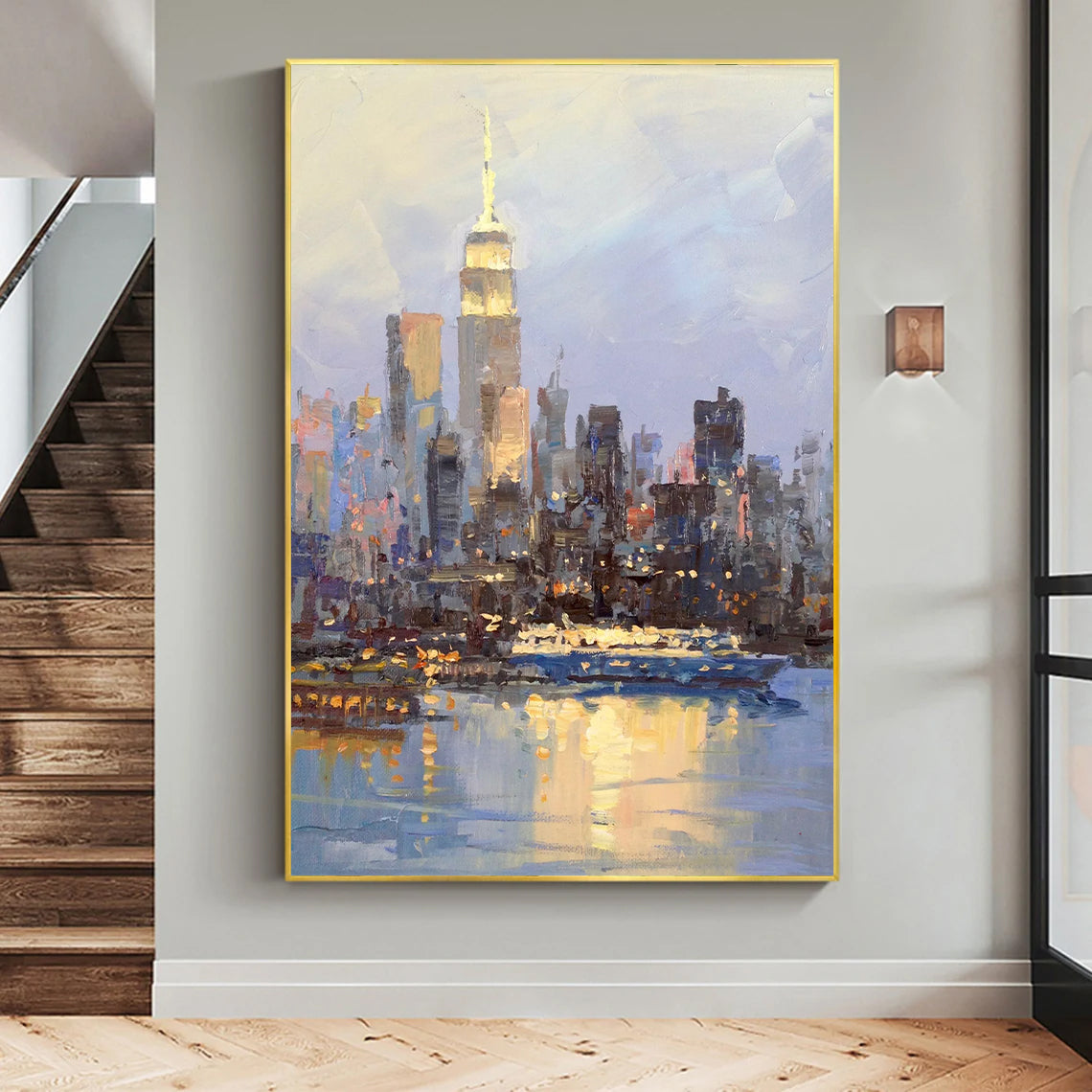 a painting of a cityscape is hanging on a wall