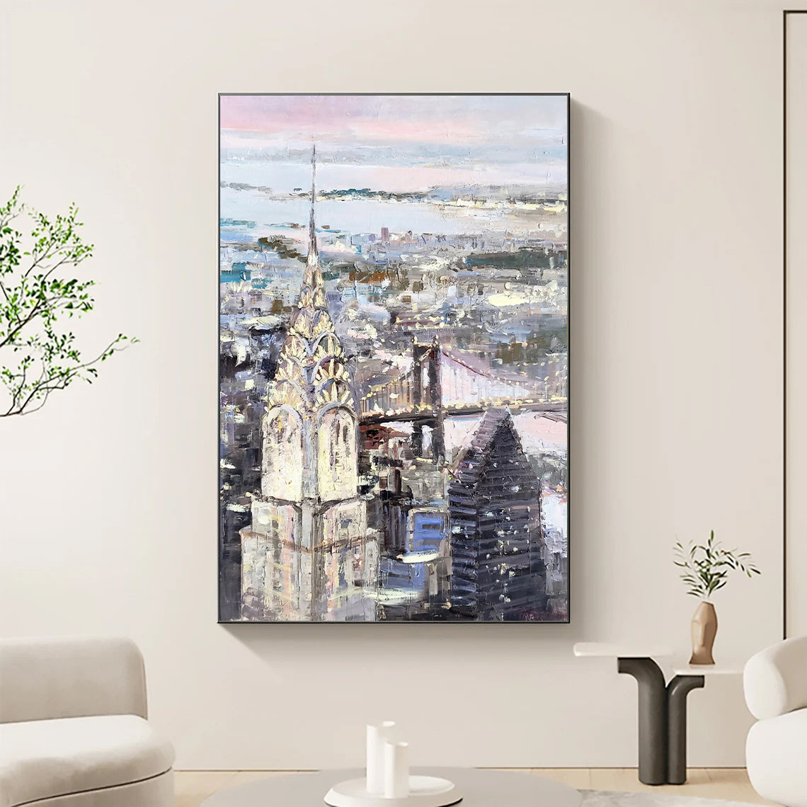 a painting of a cityscape in a living room