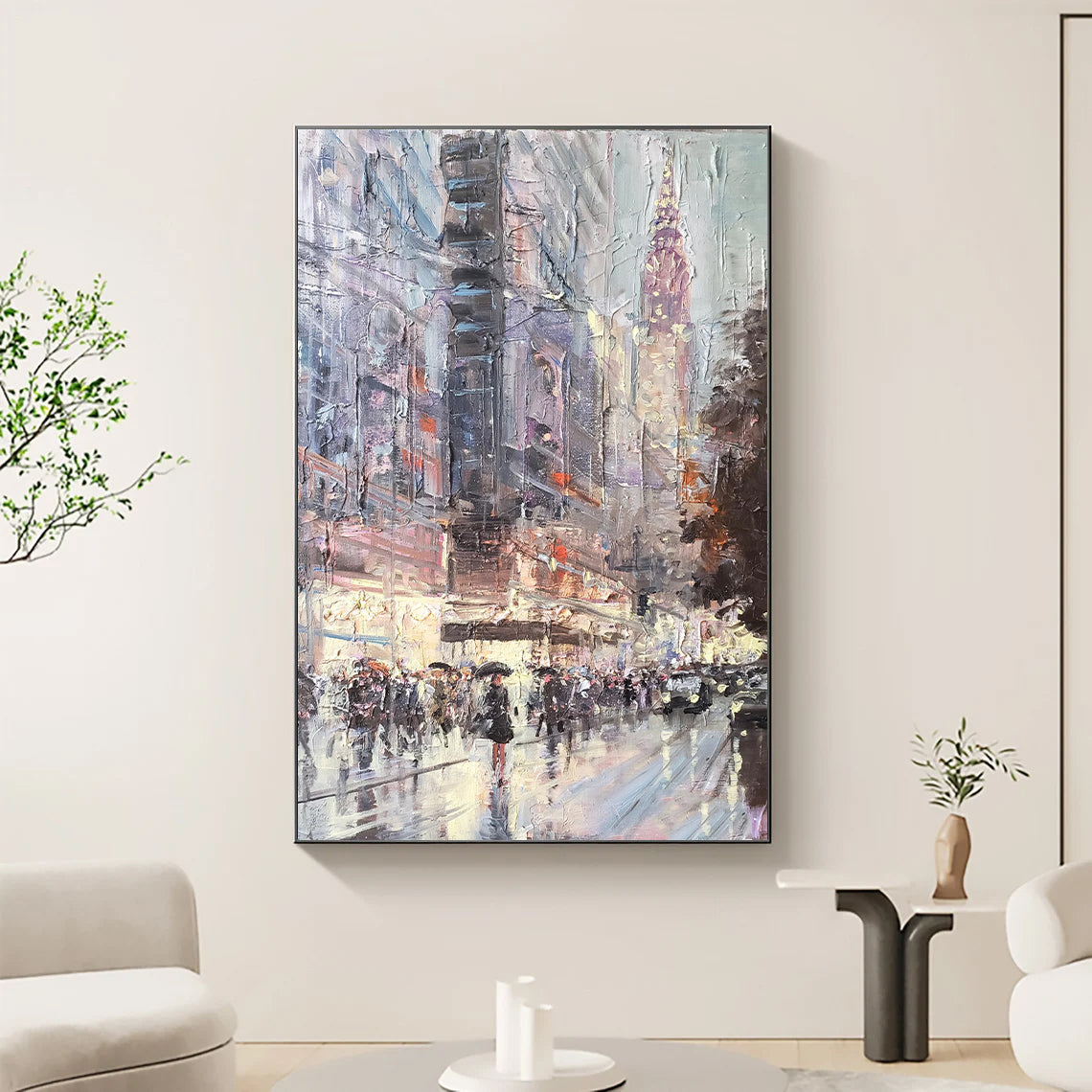 a painting of a cityscape with people walking down the street