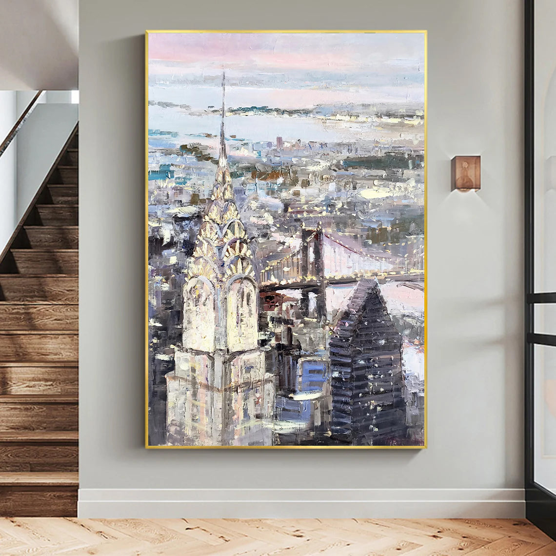 a painting hanging on a wall above a stair case