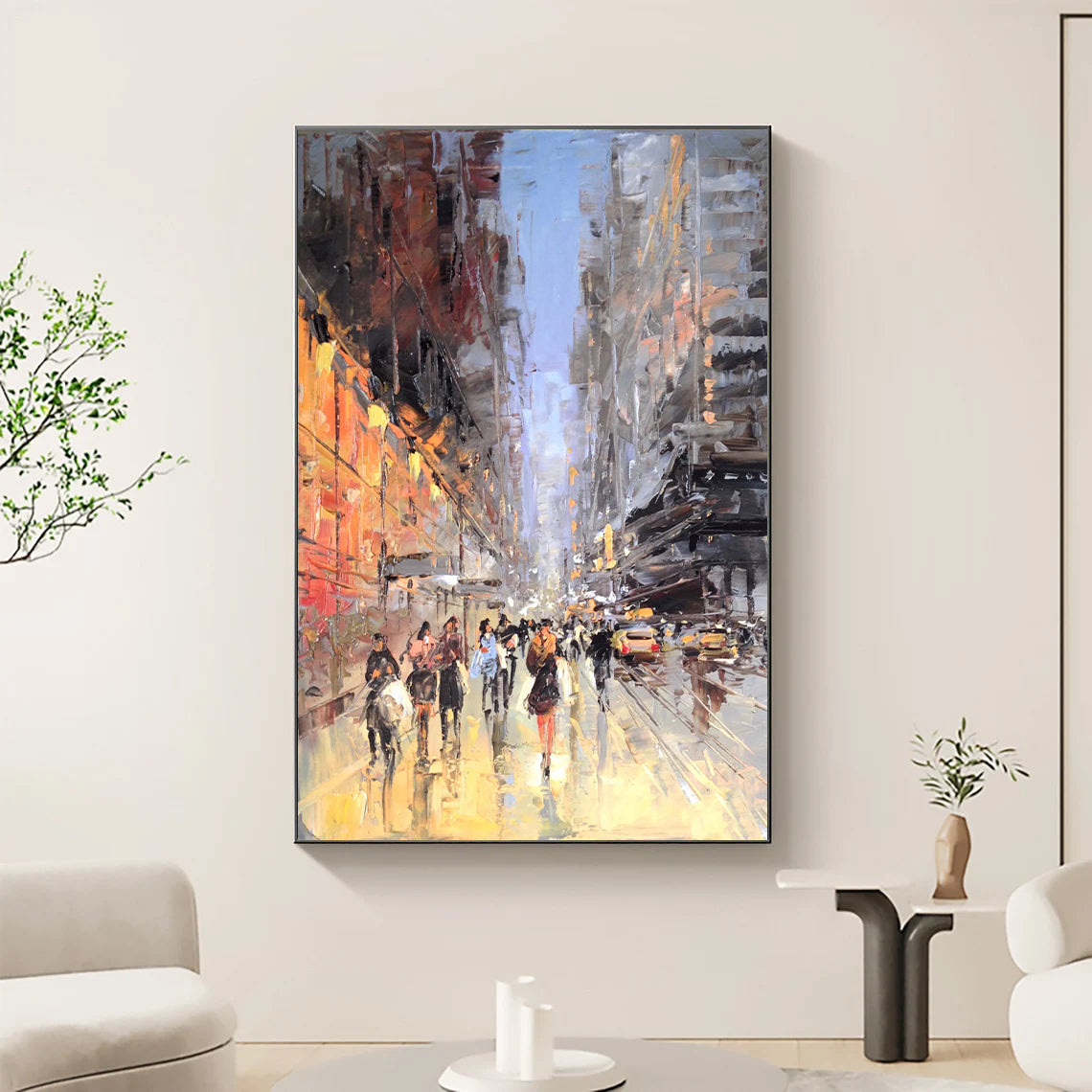 a painting of people walking down a city street