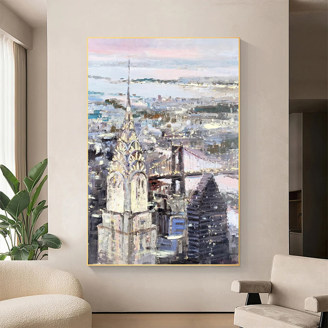 a painting of a cityscape in a living room