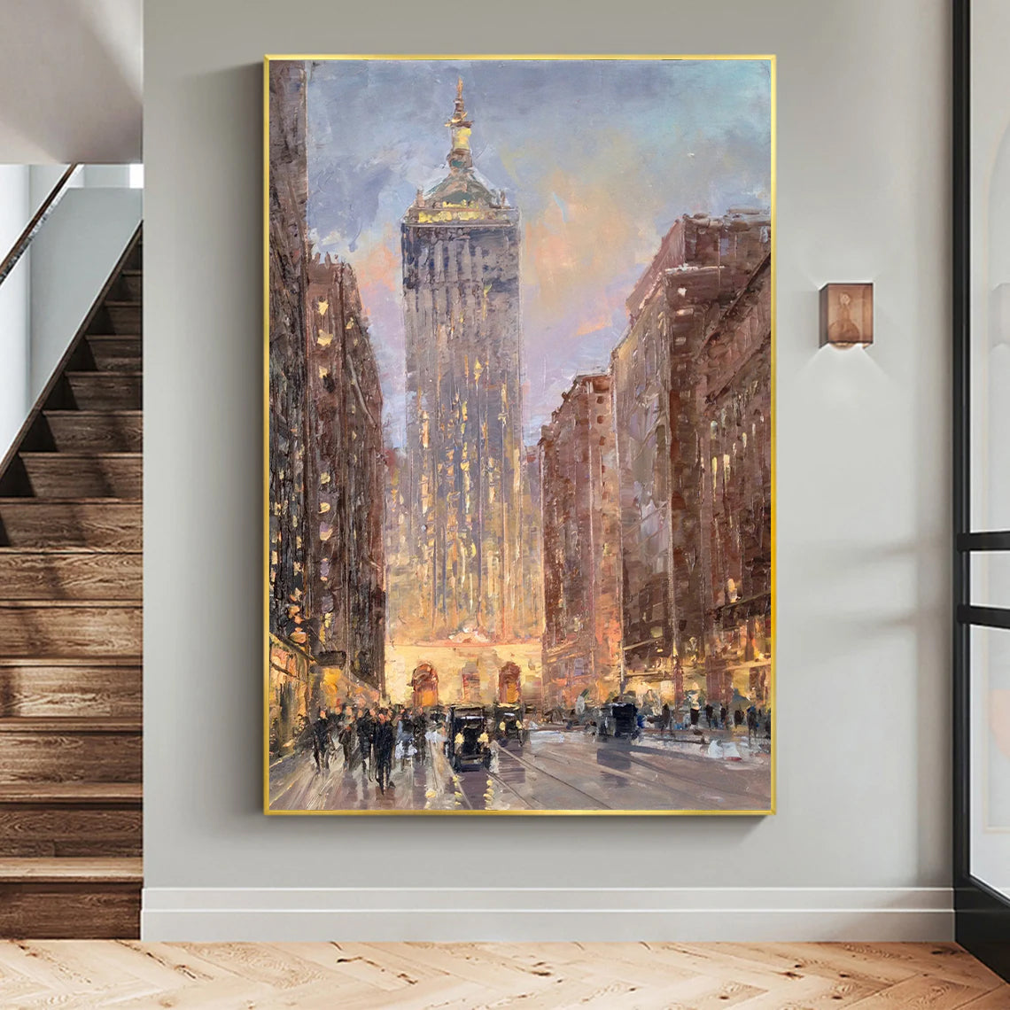 a painting of a cityscape with a clock tower