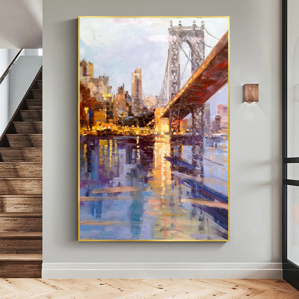 a painting of a cityscape with a bridge in the background