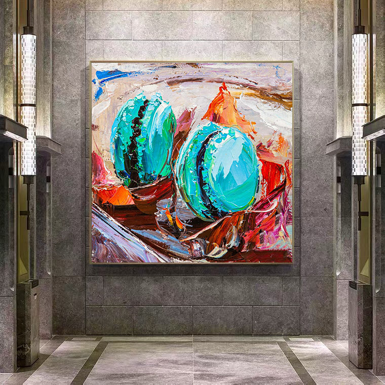 a painting of two blue balls in a hallway