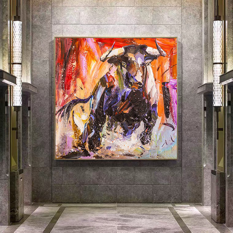 a painting of a man riding a horse in a building