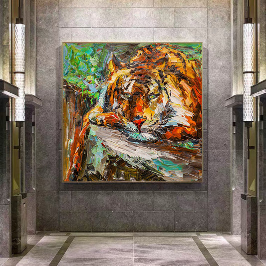 a painting of a tiger resting on a branch