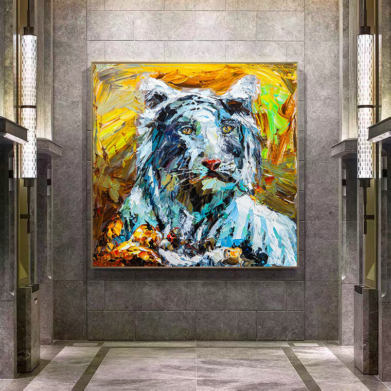 a painting of a white tiger on a wall