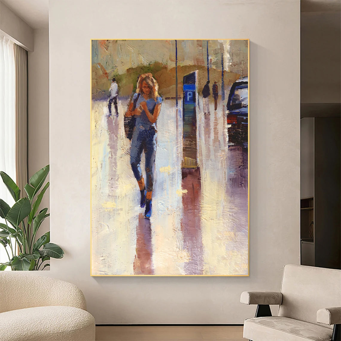 a painting of a woman walking in the rain