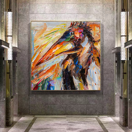 a large painting of a colorful bird hanging on a wall