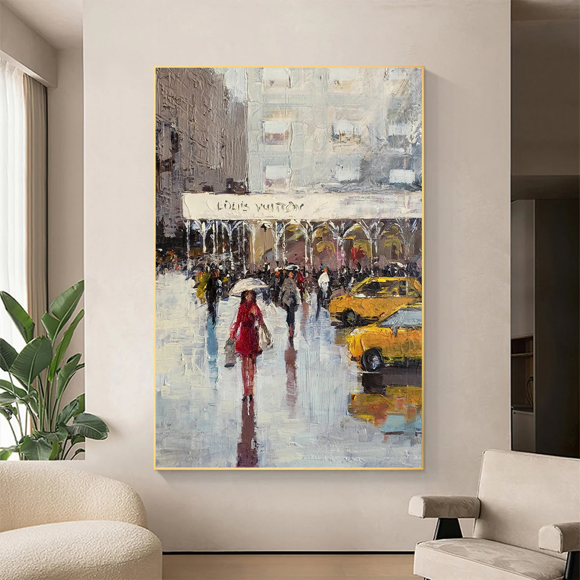 a painting of people walking in the rain