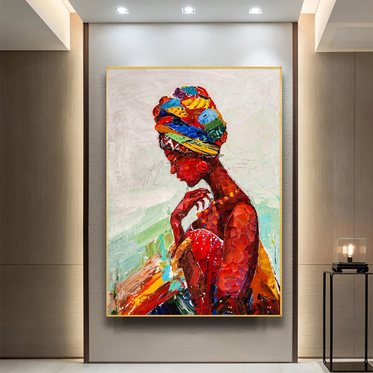 a painting of a woman in a colorful hat