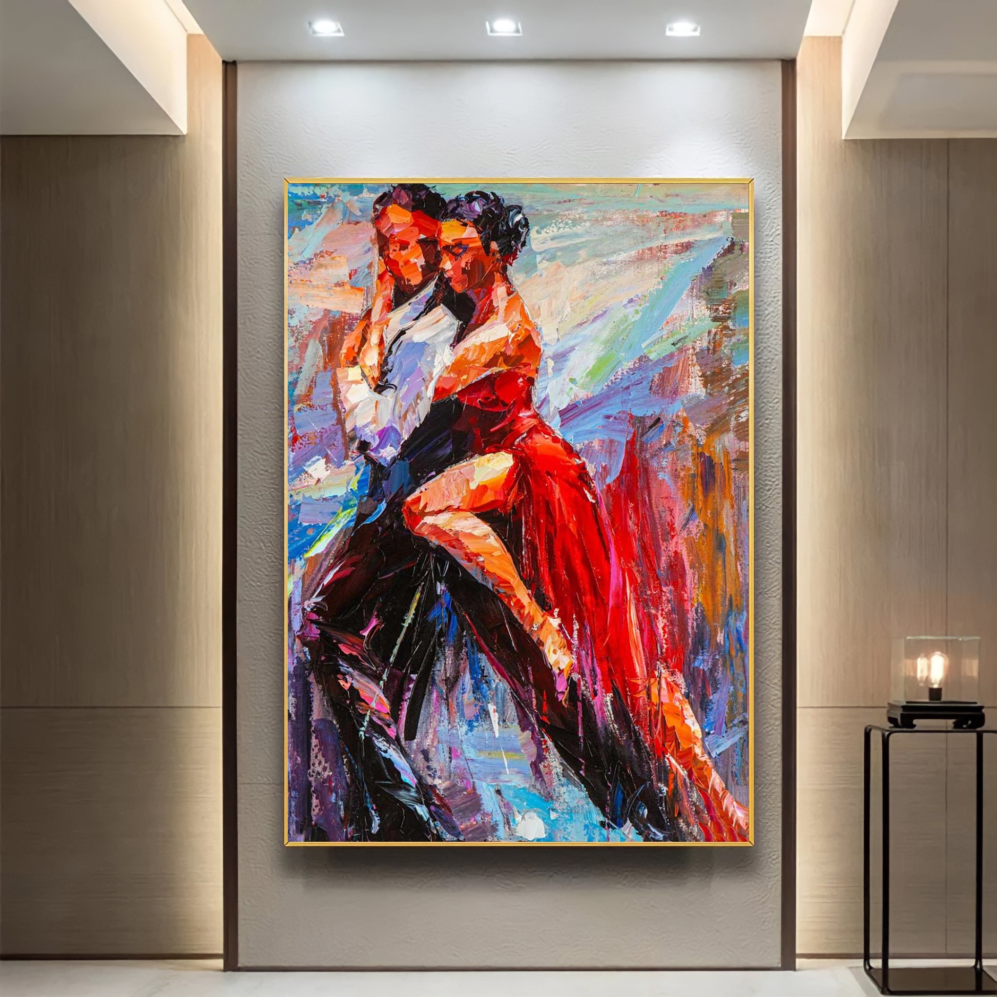 a painting of a couple dancing in a ballroom