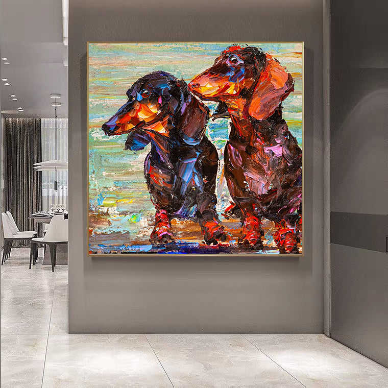 a painting of two dogs on a wall