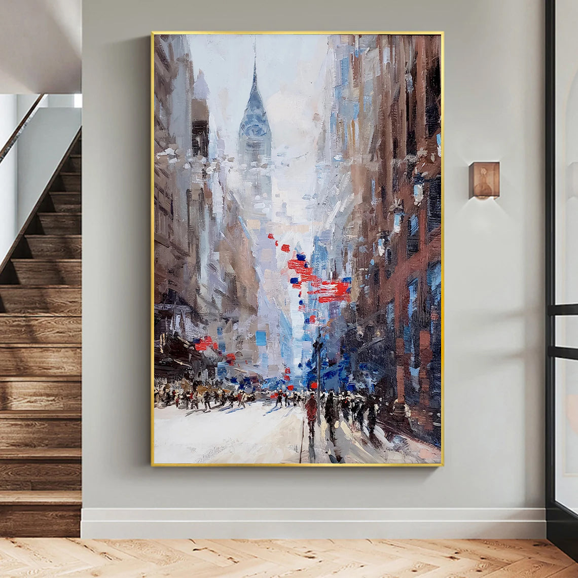 a painting hanging on a wall above a staircase