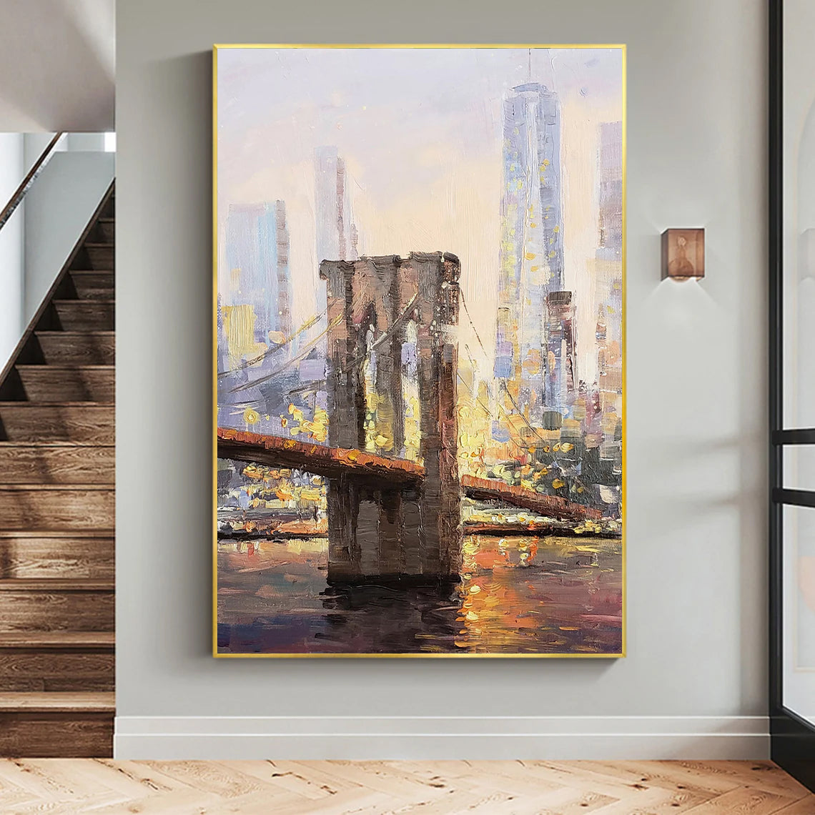 a painting of a bridge in a city