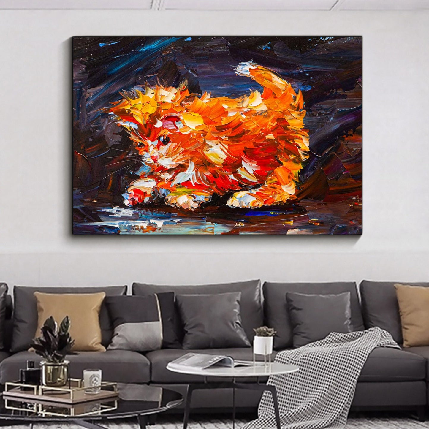 a living room with a couch and a painting on the wall