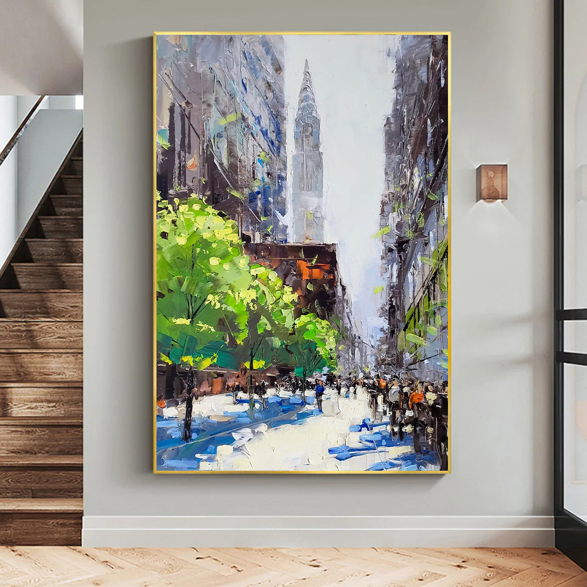 a painting of a city street with tall buildings