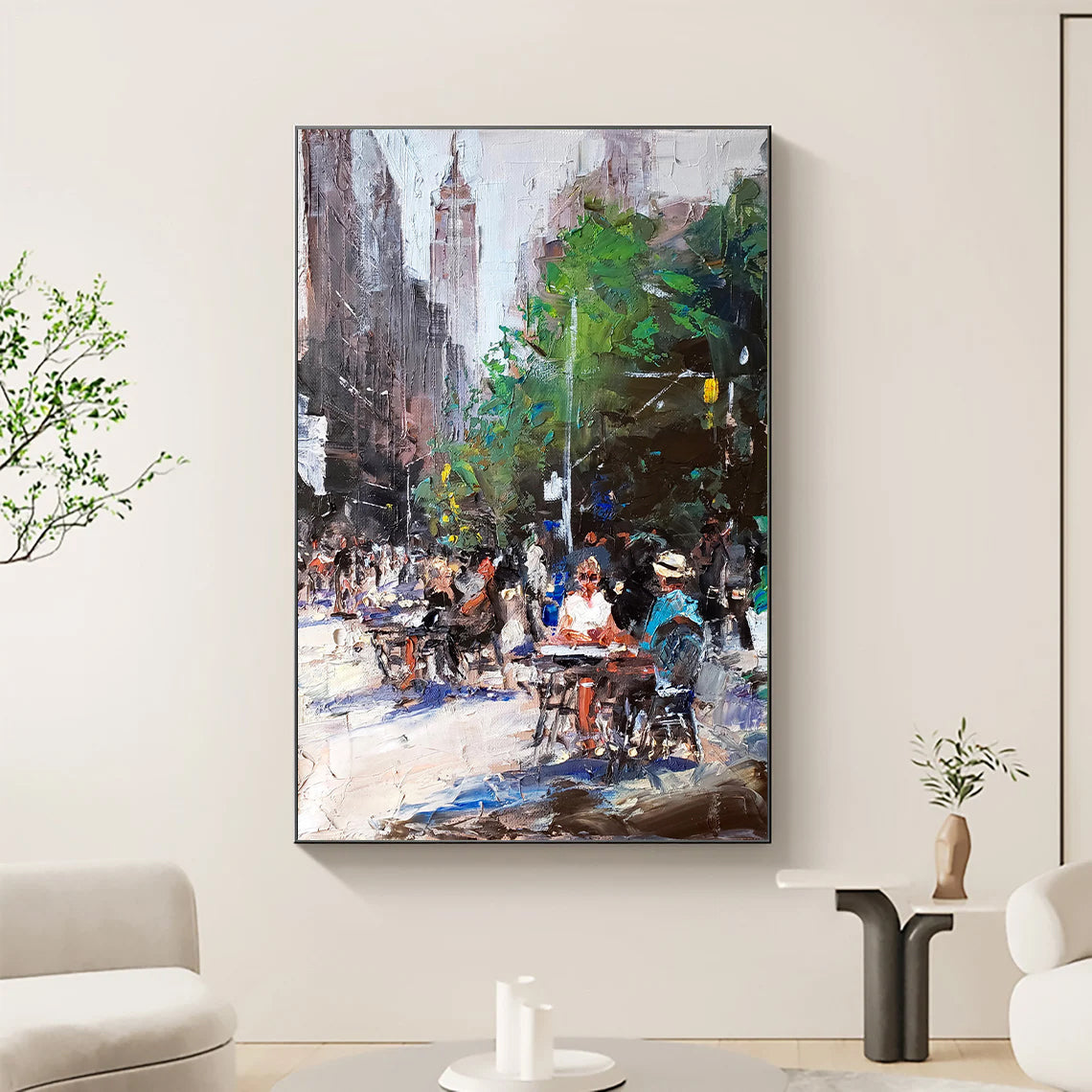 a painting of a city street scene with people and horse drawn carriages