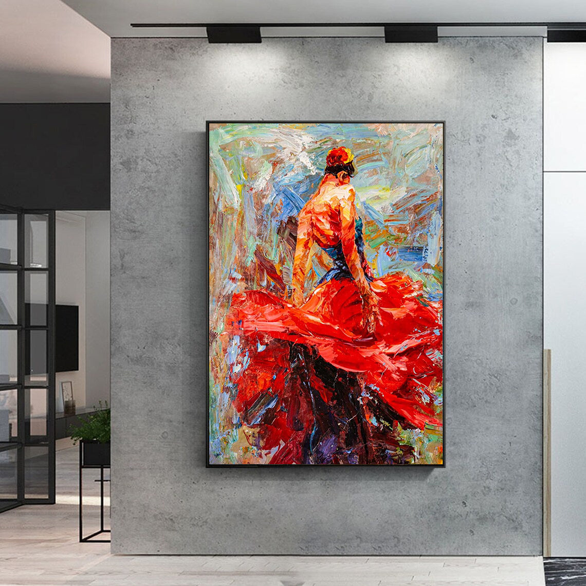 a painting of a woman in a red dress