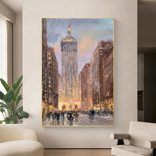 a painting of a cityscape with people walking in the street