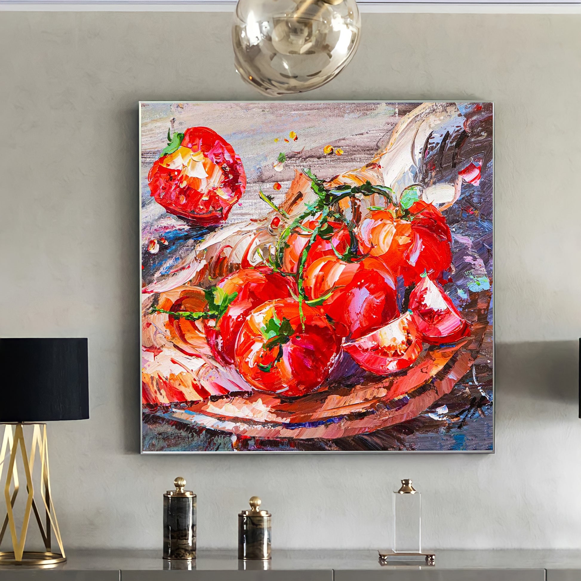 a painting of tomatoes in a bowl on a wall