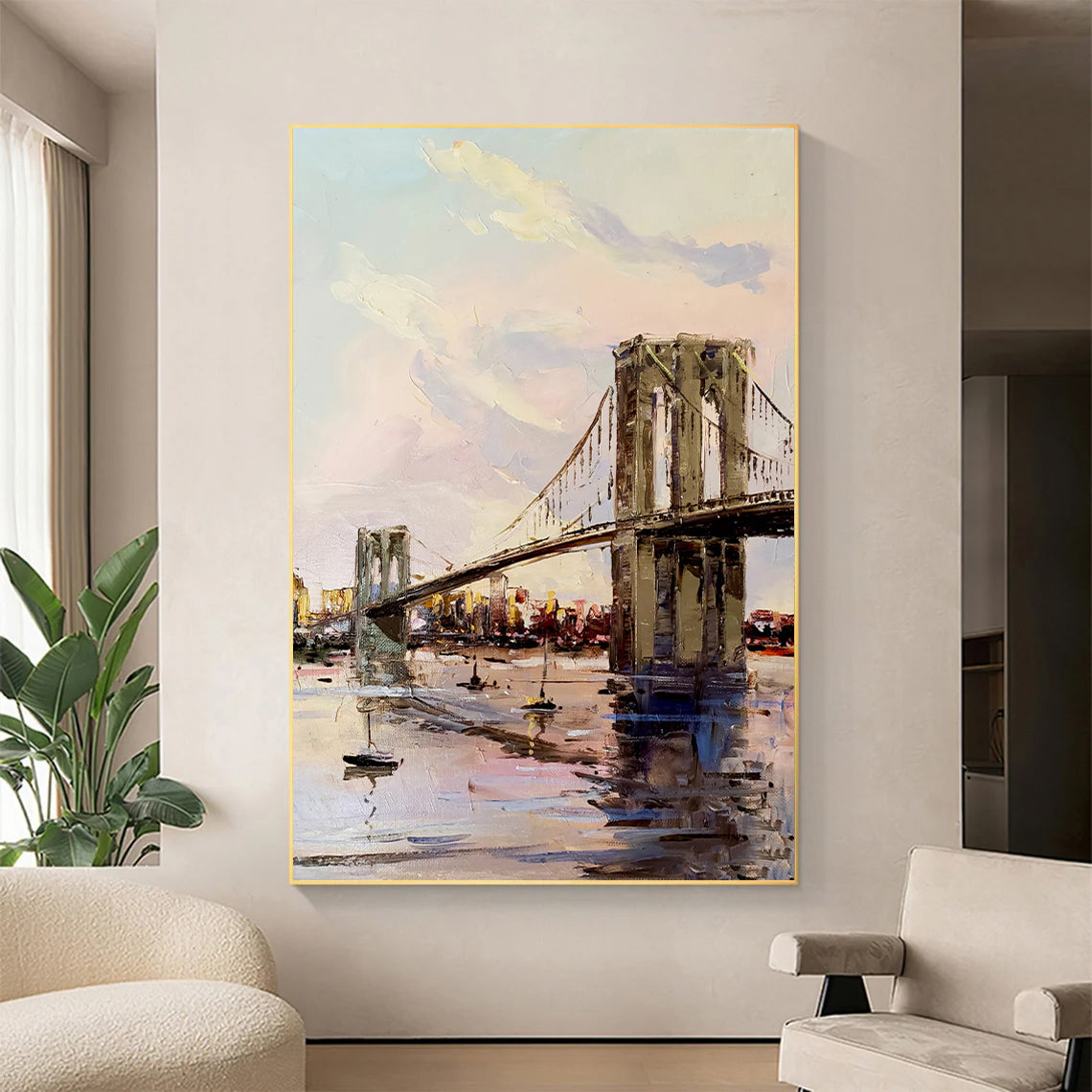 a painting of a bridge in a living room